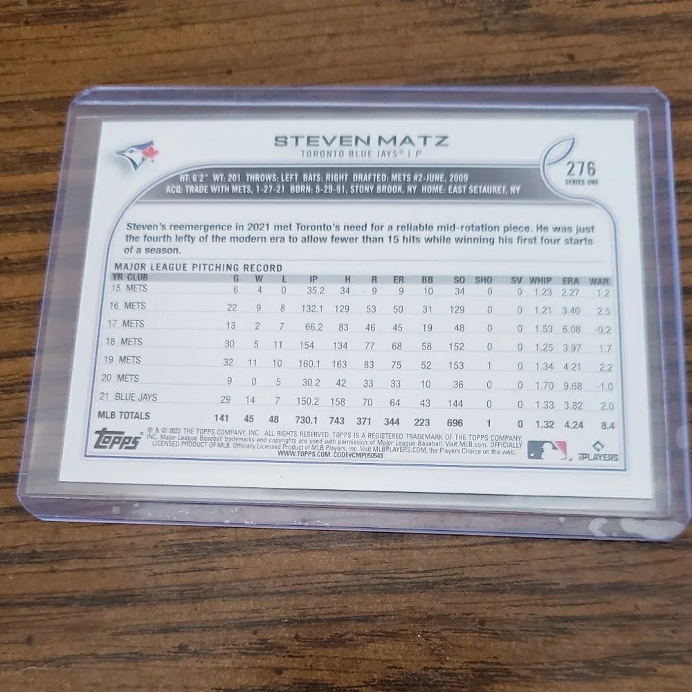 2022 Topps Series 1 Steven Matz #276 Royal Blue Parallel Toronto Blue Jays